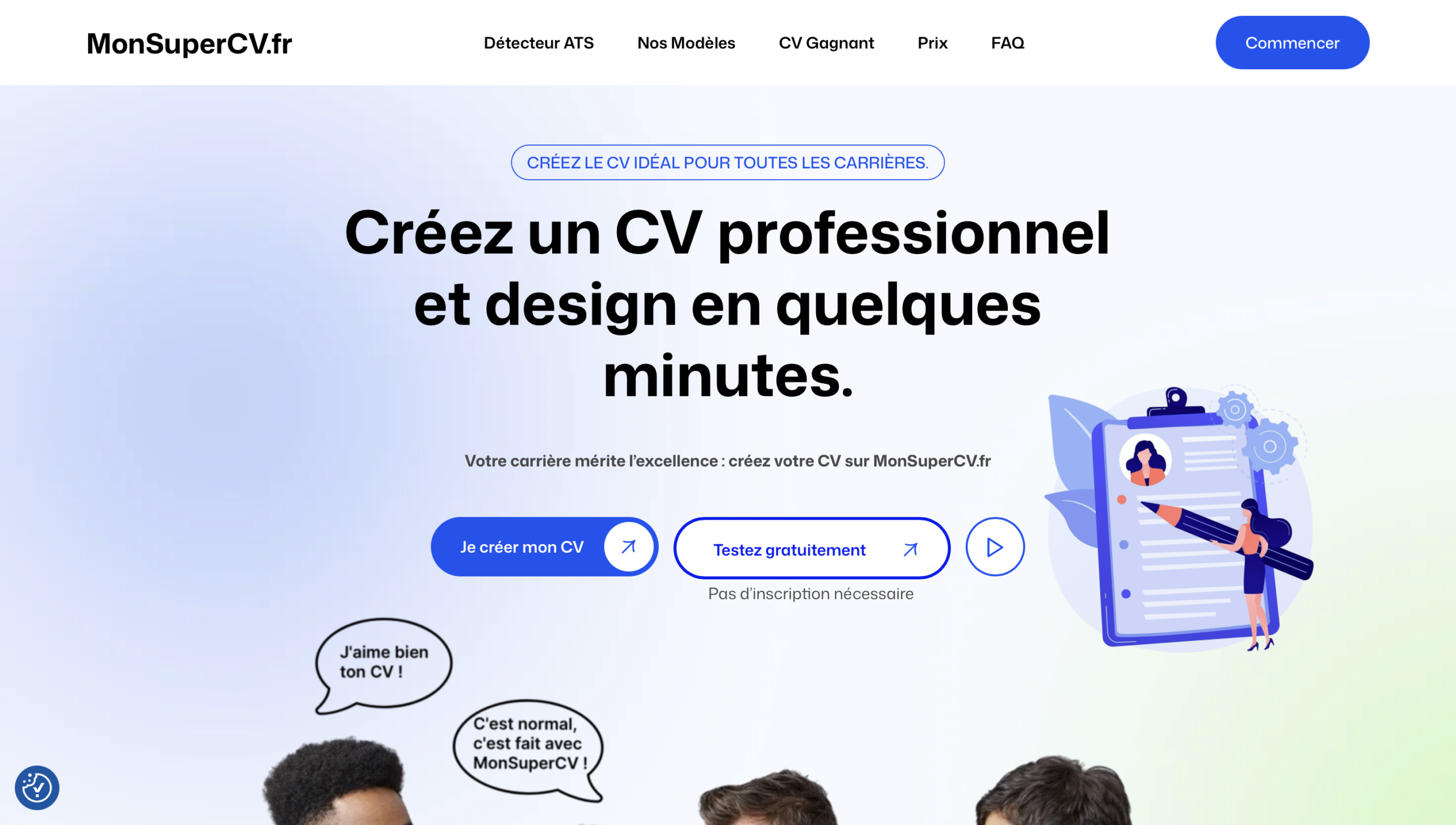 La page d'accueil de MonSuperCV · générateur de CV en ligne