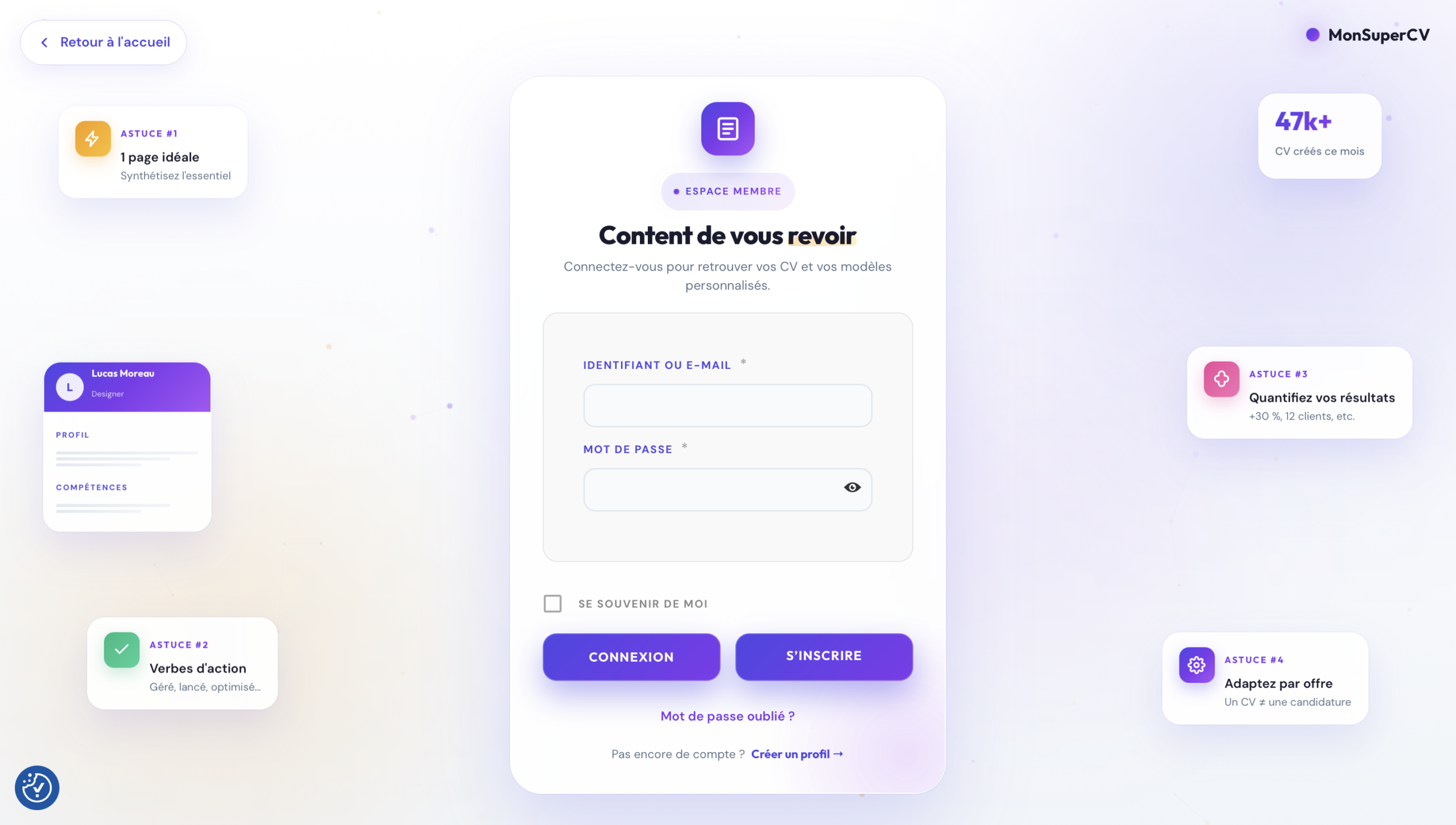 L'espace membre MonSuperCV · connexion et CV sauvegardés