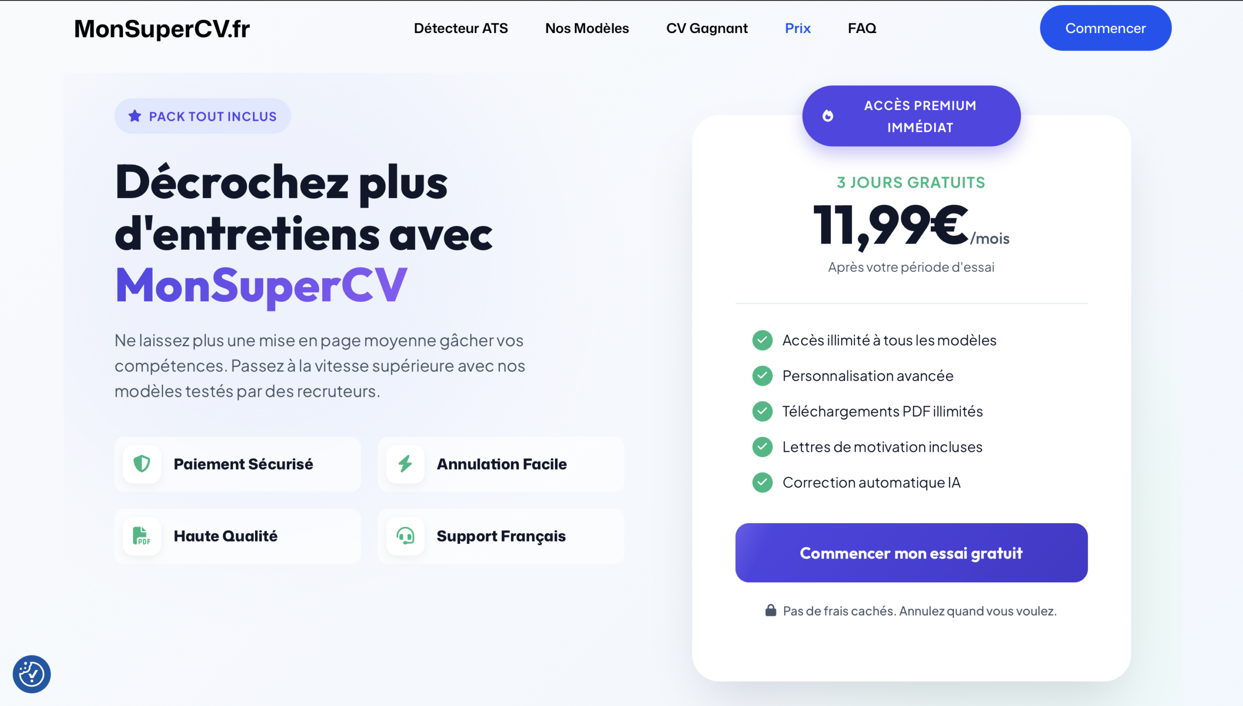 La page tarif de MonSuperCV · 3 jours gratuits puis 11,99 € par mois